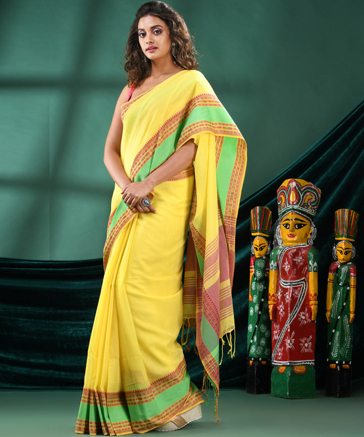 Yellow light green handloom cotton bengal saree