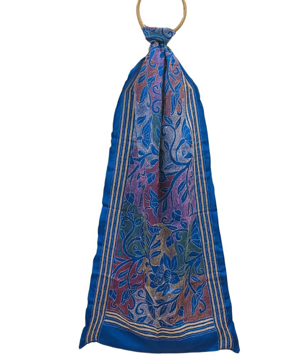 Royal blue hand embroidered silk kantha stitch stole