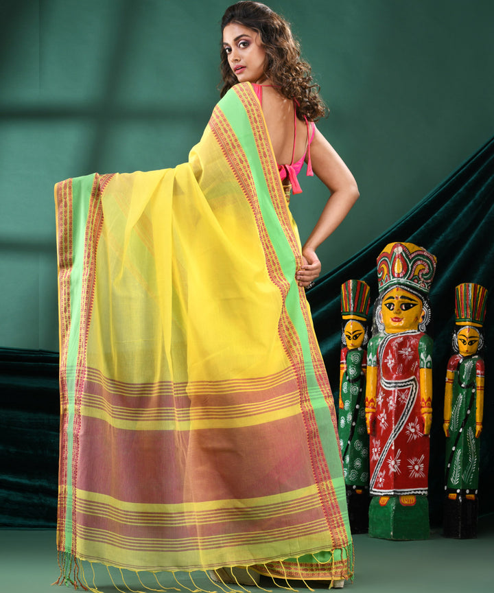 Yellow light green handloom cotton bengal saree