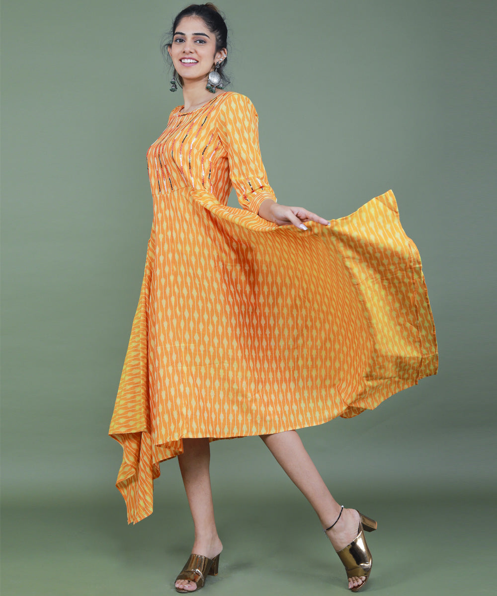 Yellow handcrafted pochampally ikat cotton dress