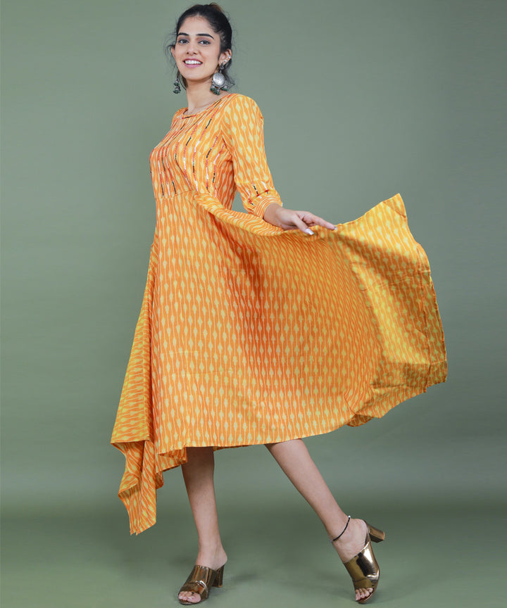 Yellow handcrafted pochampally ikat cotton dress