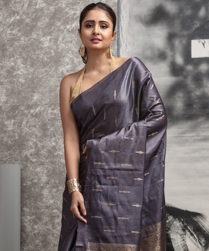 Grey blue handwoven chhatisgarh tussar silk saree