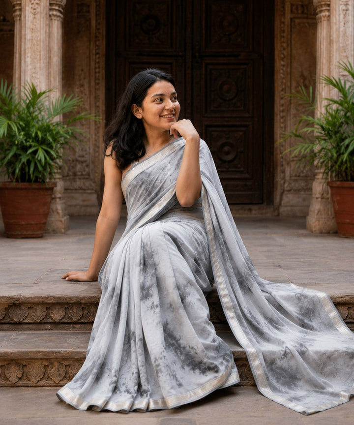 Grey chanderi cotton silk tie-dye saree
