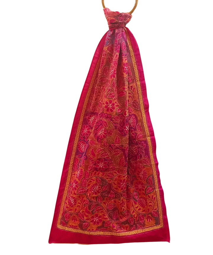 Red multicolor thread silk kantha stitch handwoven stole