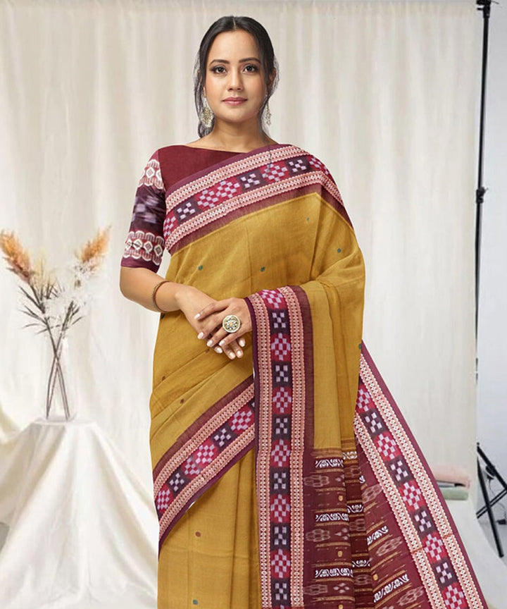 Goldenrod marron border cotton handwoven sambalpuri saree