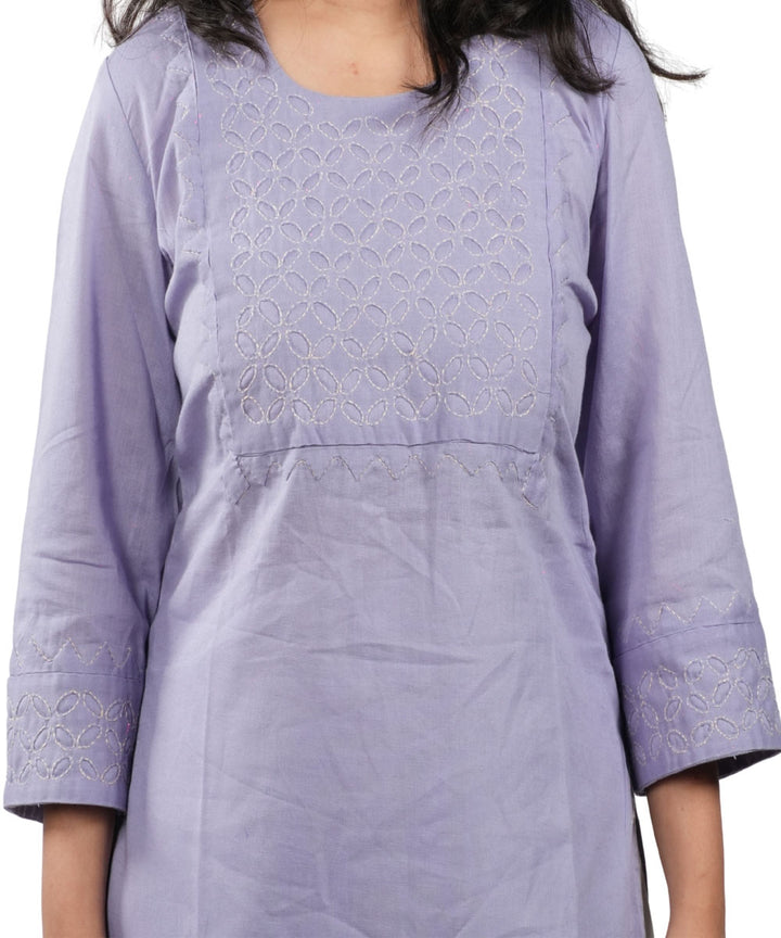 Purple Applique Hand Embroidered Cotton Kurti