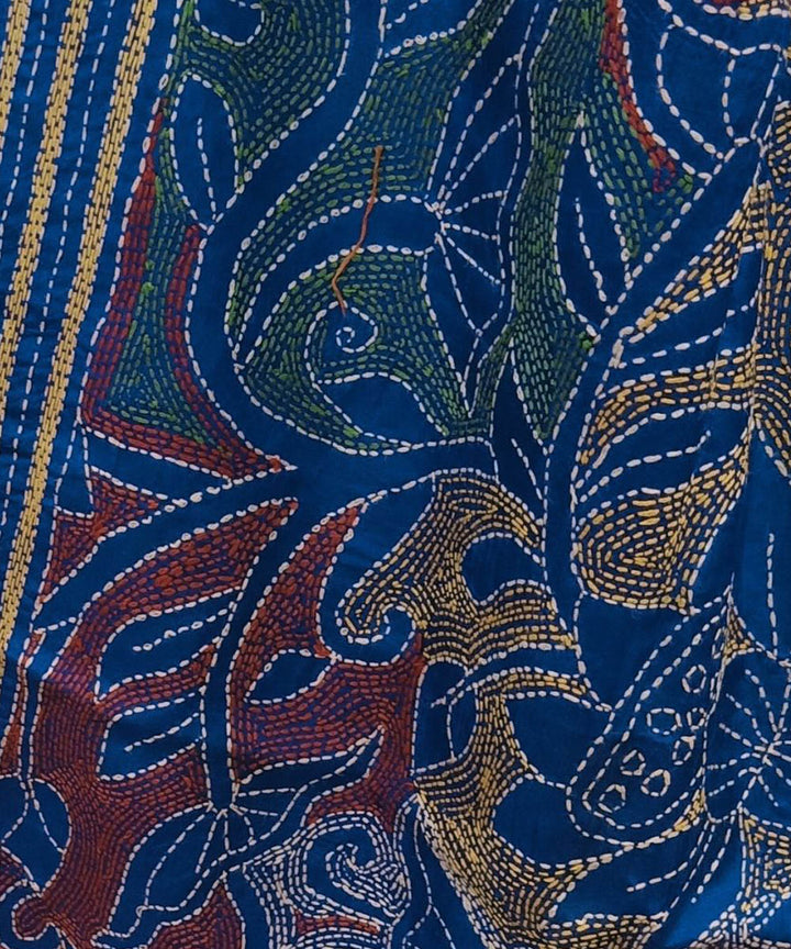 Royal blue hand embroidered silk kantha stitch stole