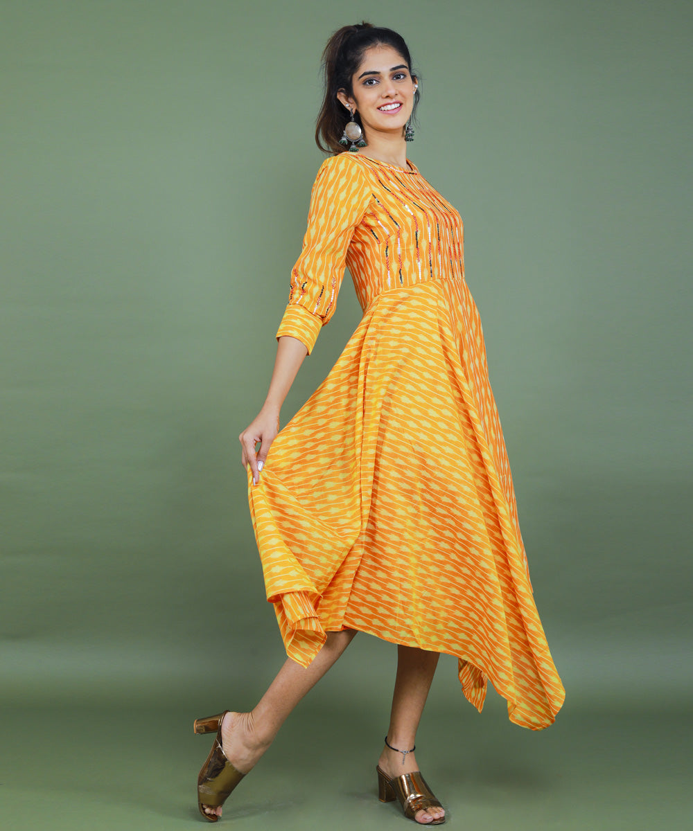 Yellow handcrafted pochampally ikat cotton dress