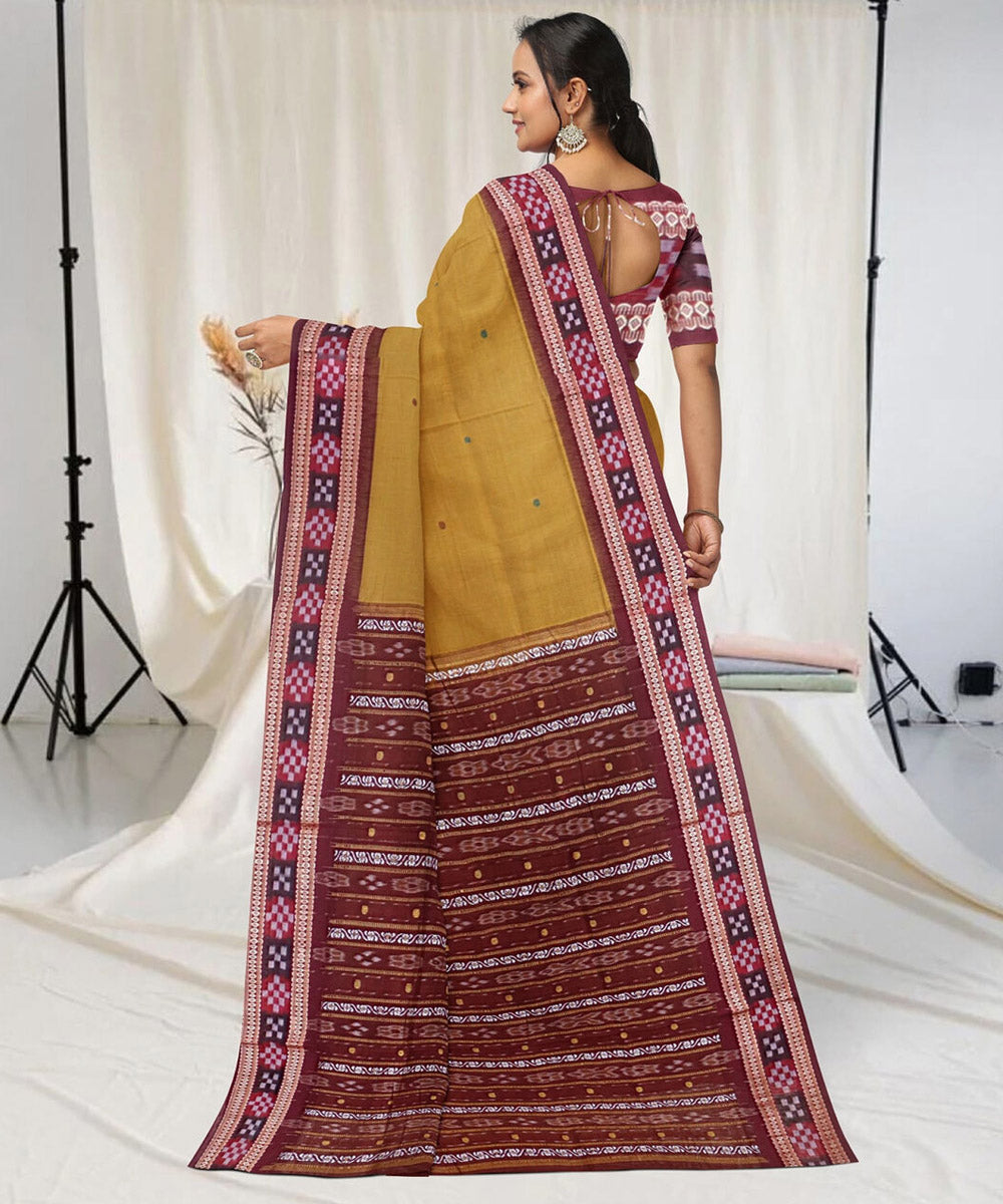 Goldenrod marron border cotton handwoven sambalpuri saree