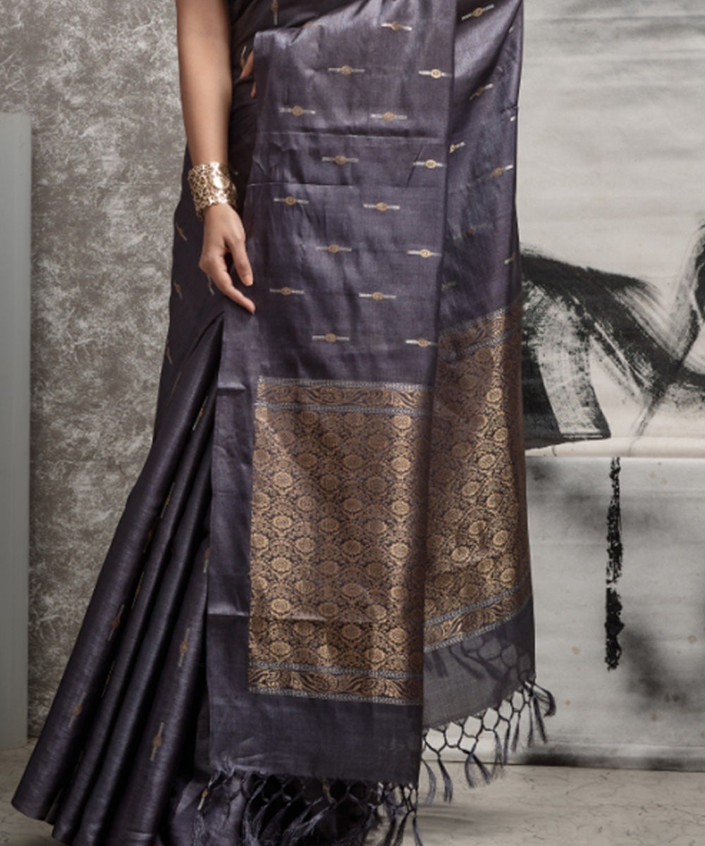 Grey blue handwoven chhatisgarh tussar silk saree