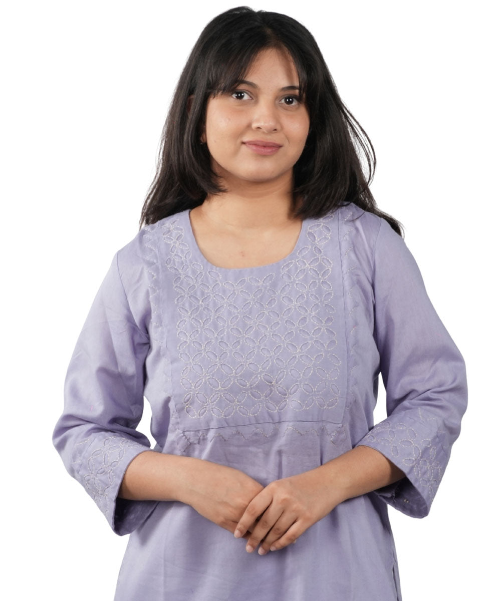 Purple Applique Hand Embroidered Cotton Kurti