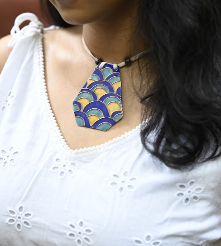 Multicolor copper enamel pendant with faux leather string wooden bead