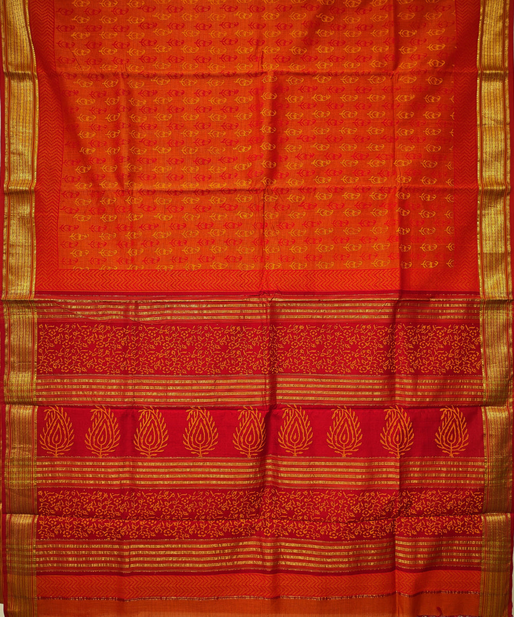 Orange golden hand block printed maheshwari cotton silk saree