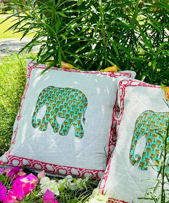 Red green hand block printed quilted foam cotton cushion cover
