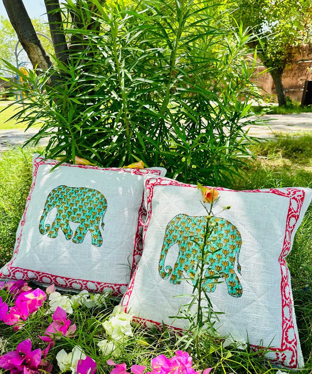 Red green hand block printed quilted foam cotton cushion cover