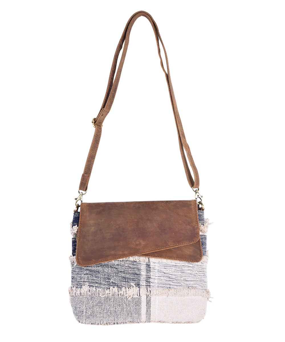 Brown white handmade cotton fabric sling bag