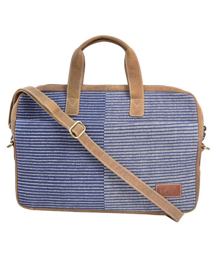 Blue striped handmade cotton fabric laptop bag