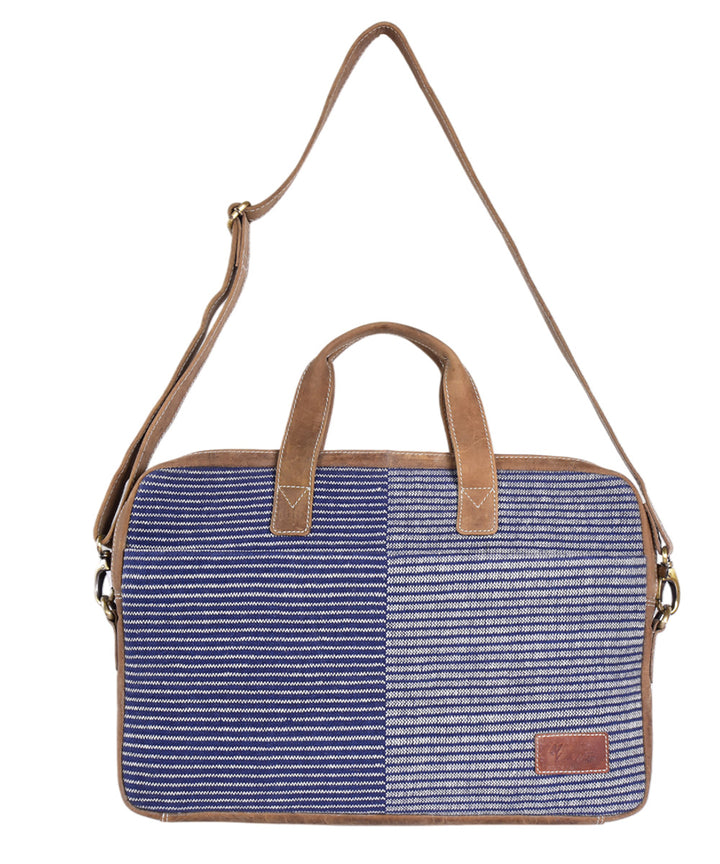 Blue striped handmade cotton fabric laptop bag