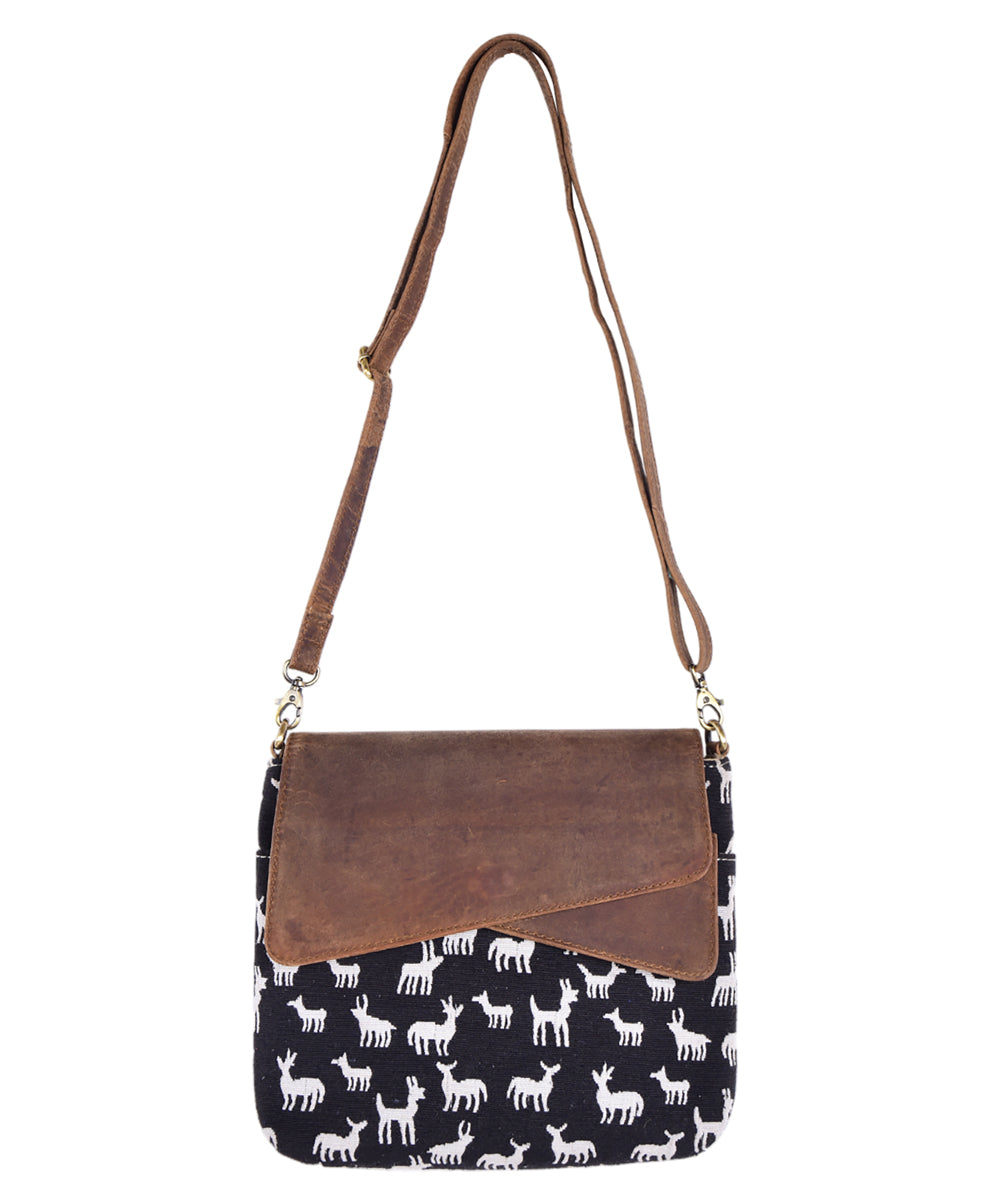 Black white handmade cotton fabric sling bag