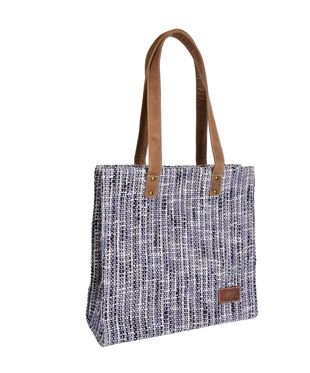 Blue white handmade cotton fabric tote bag