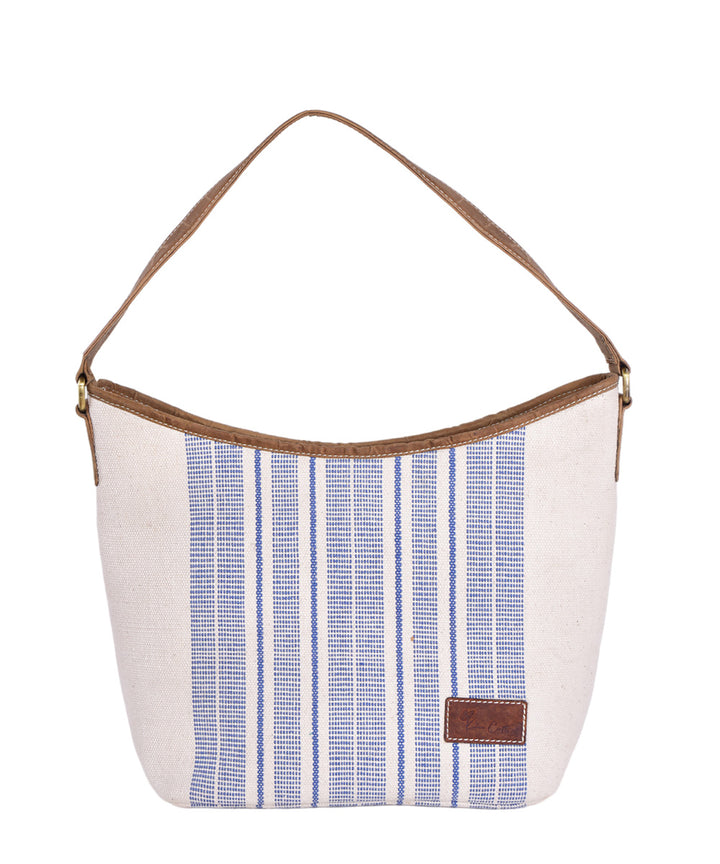 White blue handmade cotton fabric hobo bag