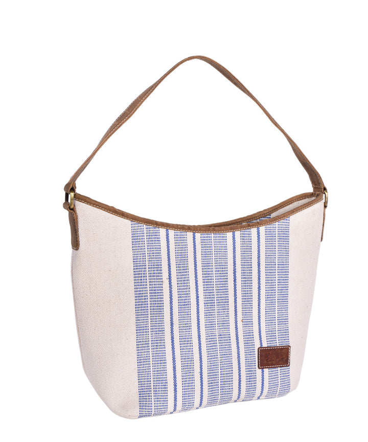 White blue handmade cotton fabric hobo bag