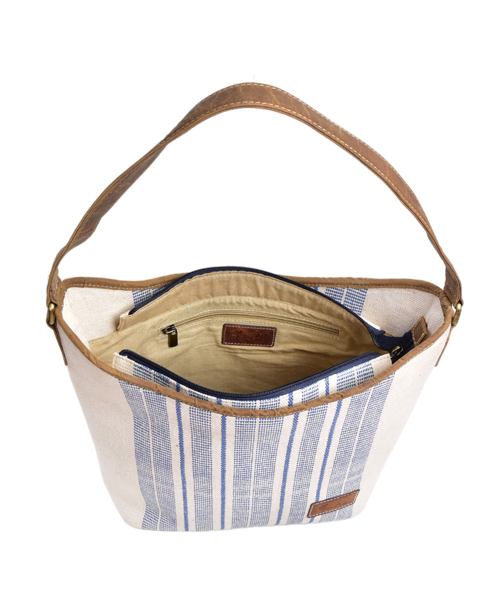 White blue handmade cotton fabric hobo bag