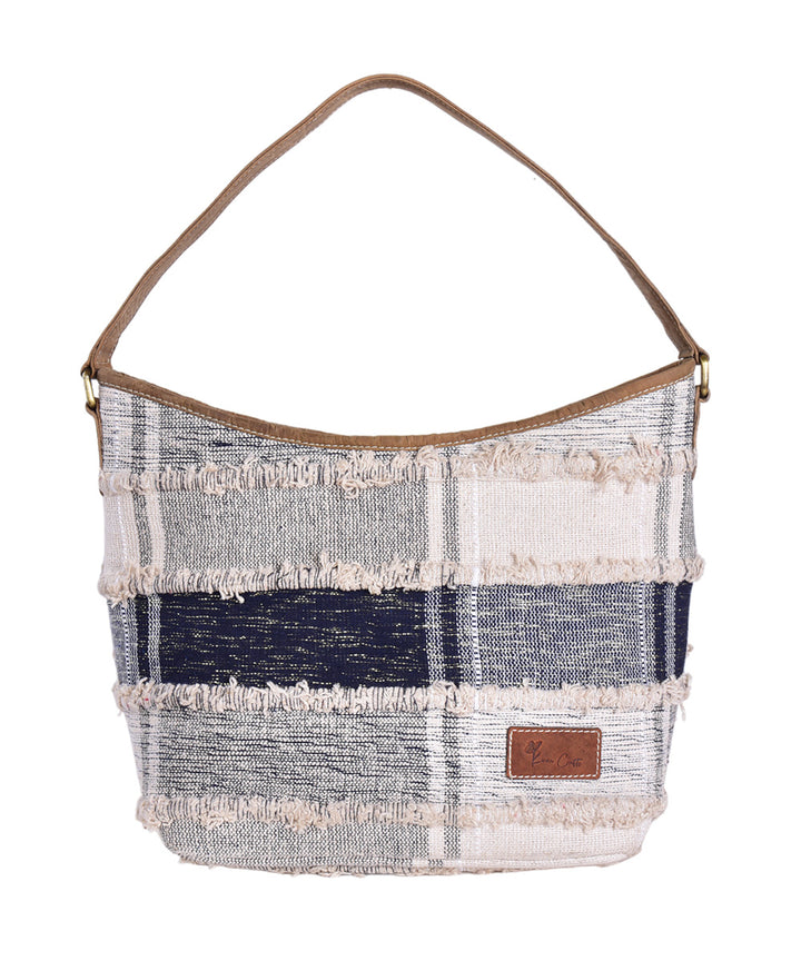 Blue white handmade cotton fabric hobo bag