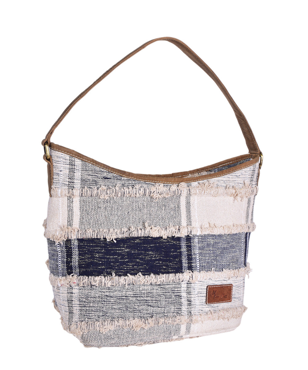 Blue white handmade cotton fabric hobo bag