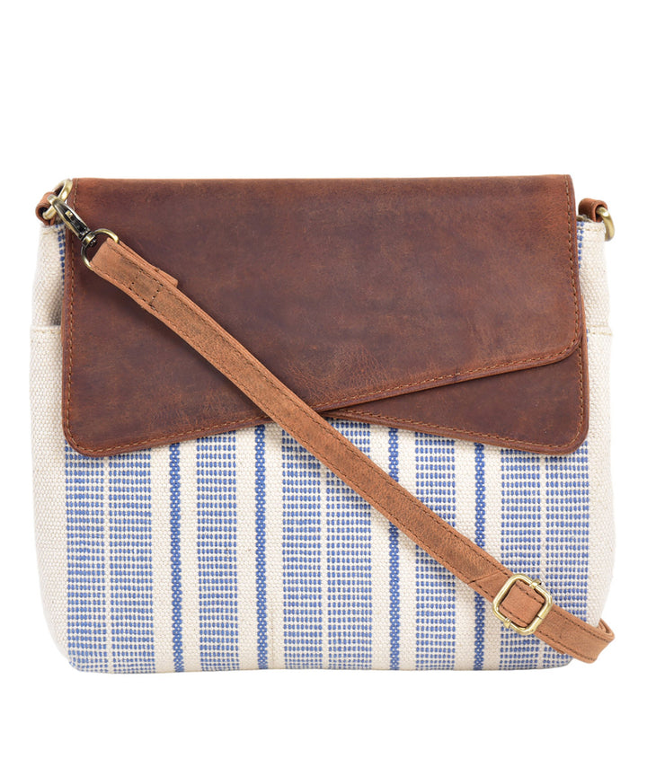 White blue handmade cotton fabric sling bag