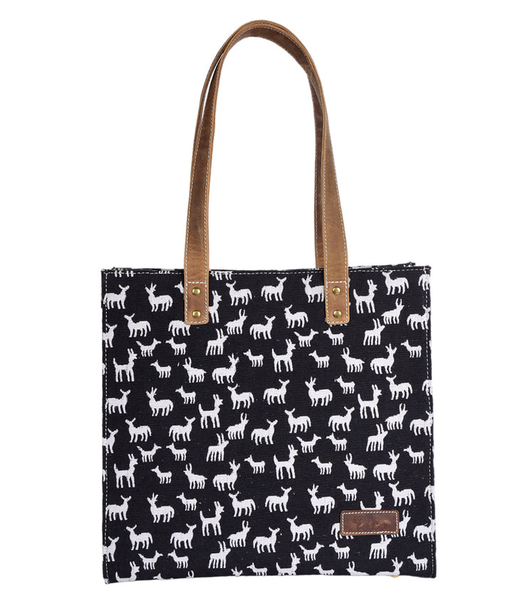 Black white handmade cotton fabric tote bag