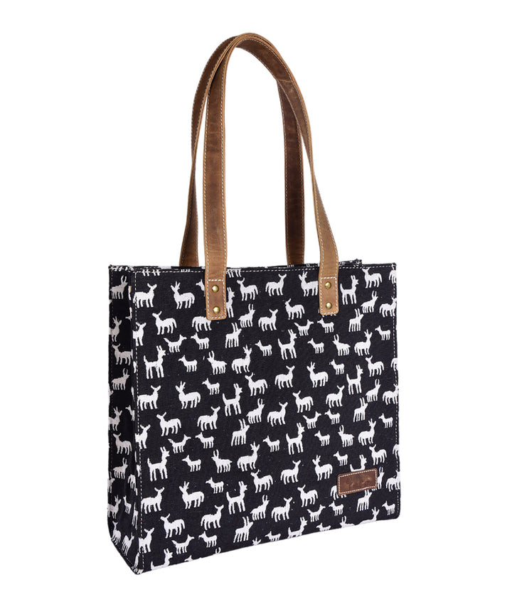 Black white handmade cotton fabric tote bag