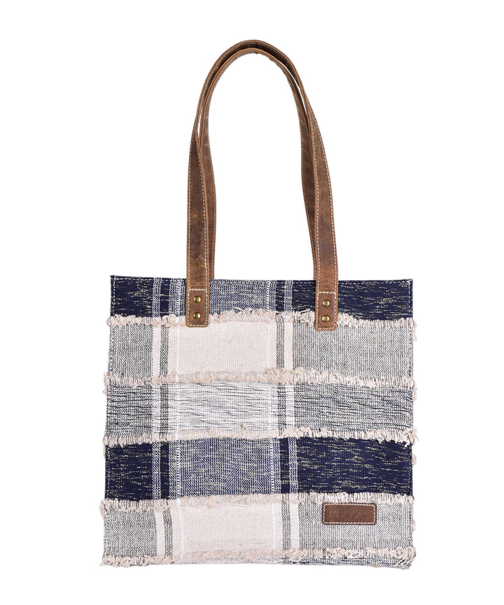 Blue white handmade cotton fabric tote bag