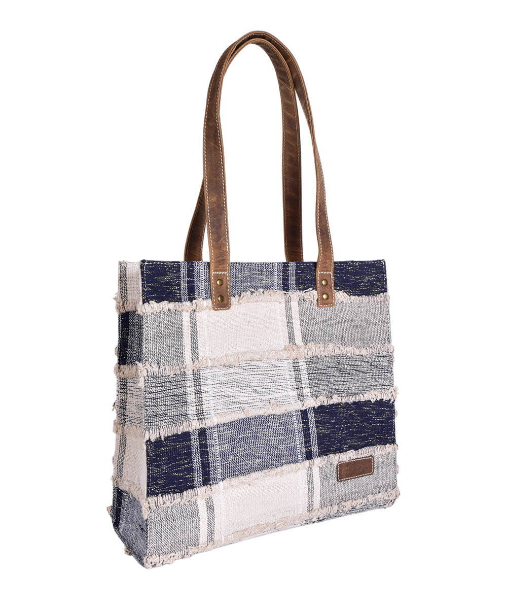 Blue white handmade cotton fabric tote bag