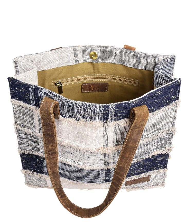 Blue white handmade cotton fabric tote bag