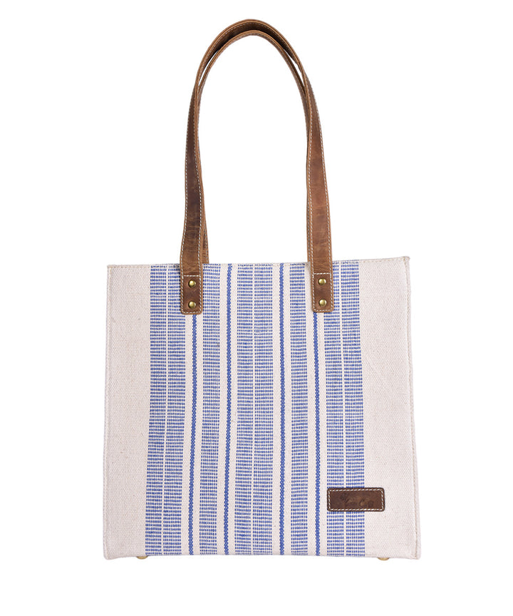 White blue handmade cotton fabric tote bag