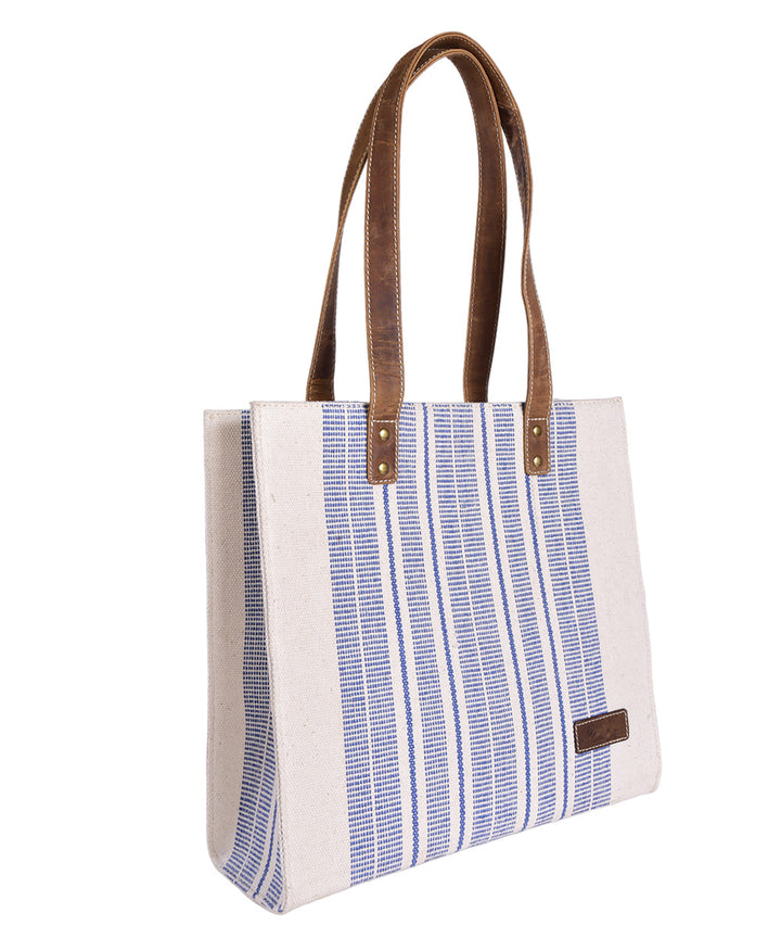 White blue handmade cotton fabric tote bag