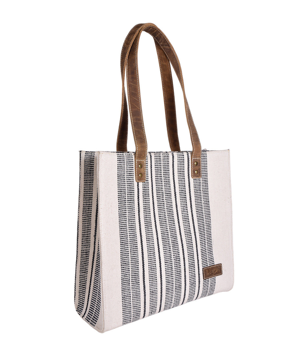 White black handmade cotton fabric tote bag