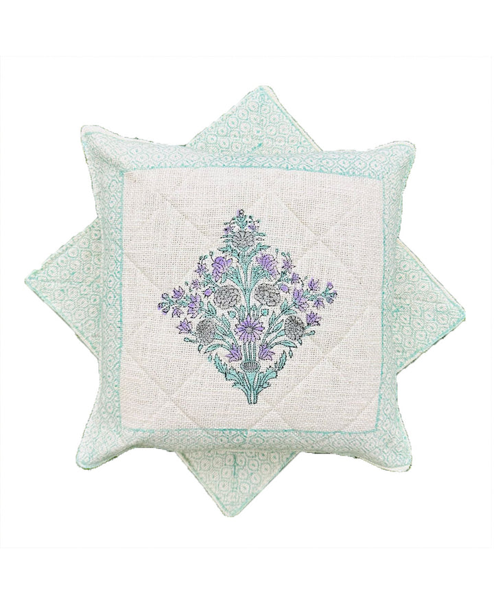 Sky blue hand block printed quilted foam cotton cushion cover