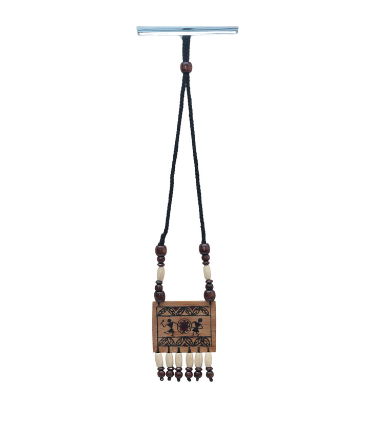 Brown hand printed warli bamboo necklace