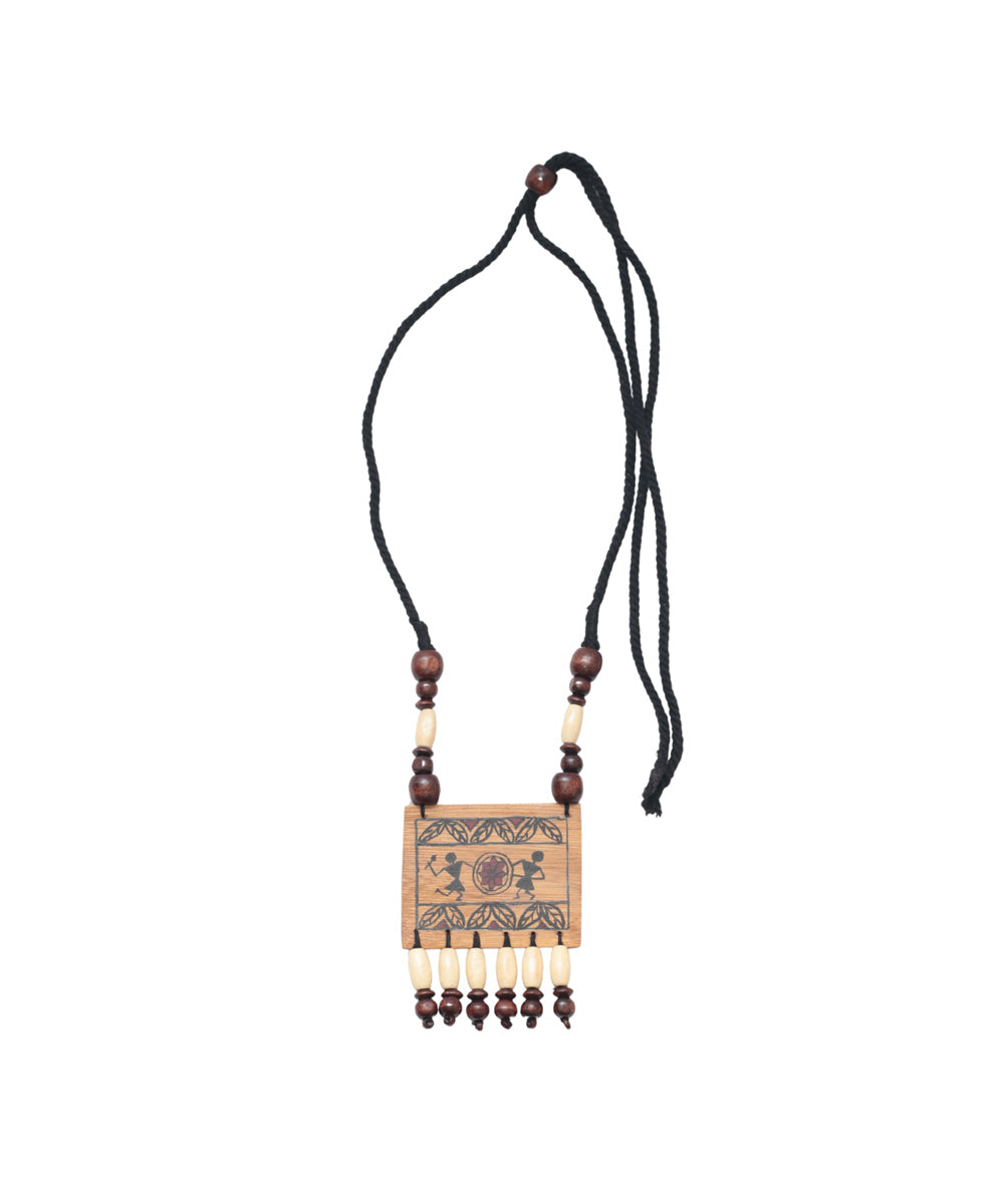 Brown hand printed warli bamboo necklace