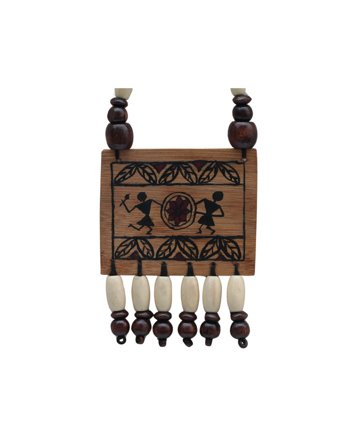 Brown hand printed warli bamboo necklace