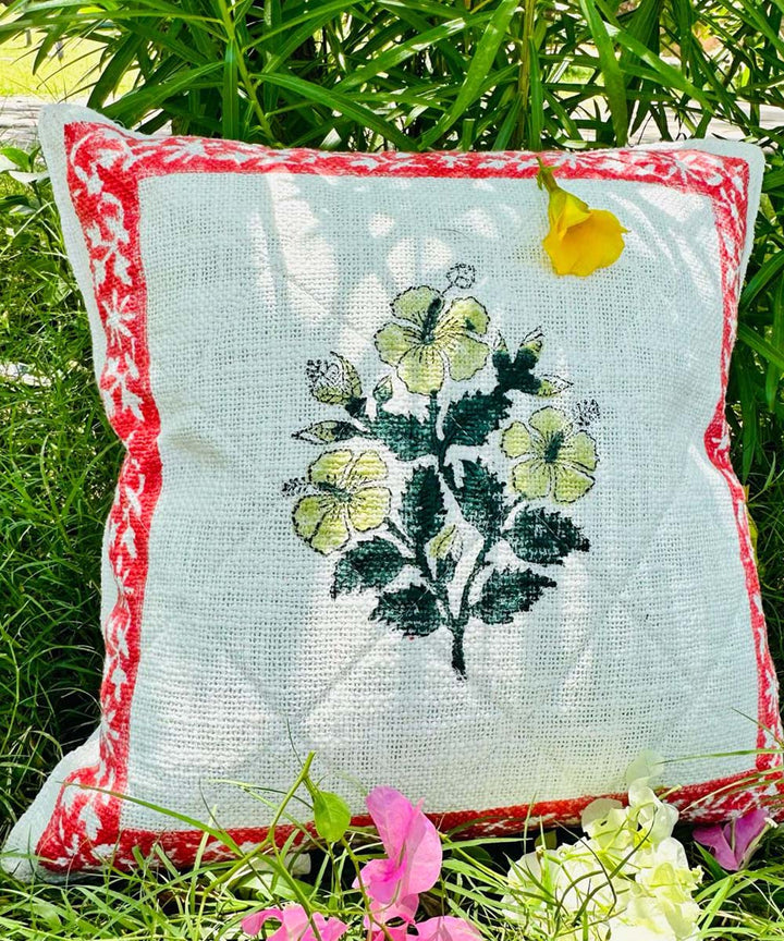 Red border hand block printed quilted foam cotton cushion cover