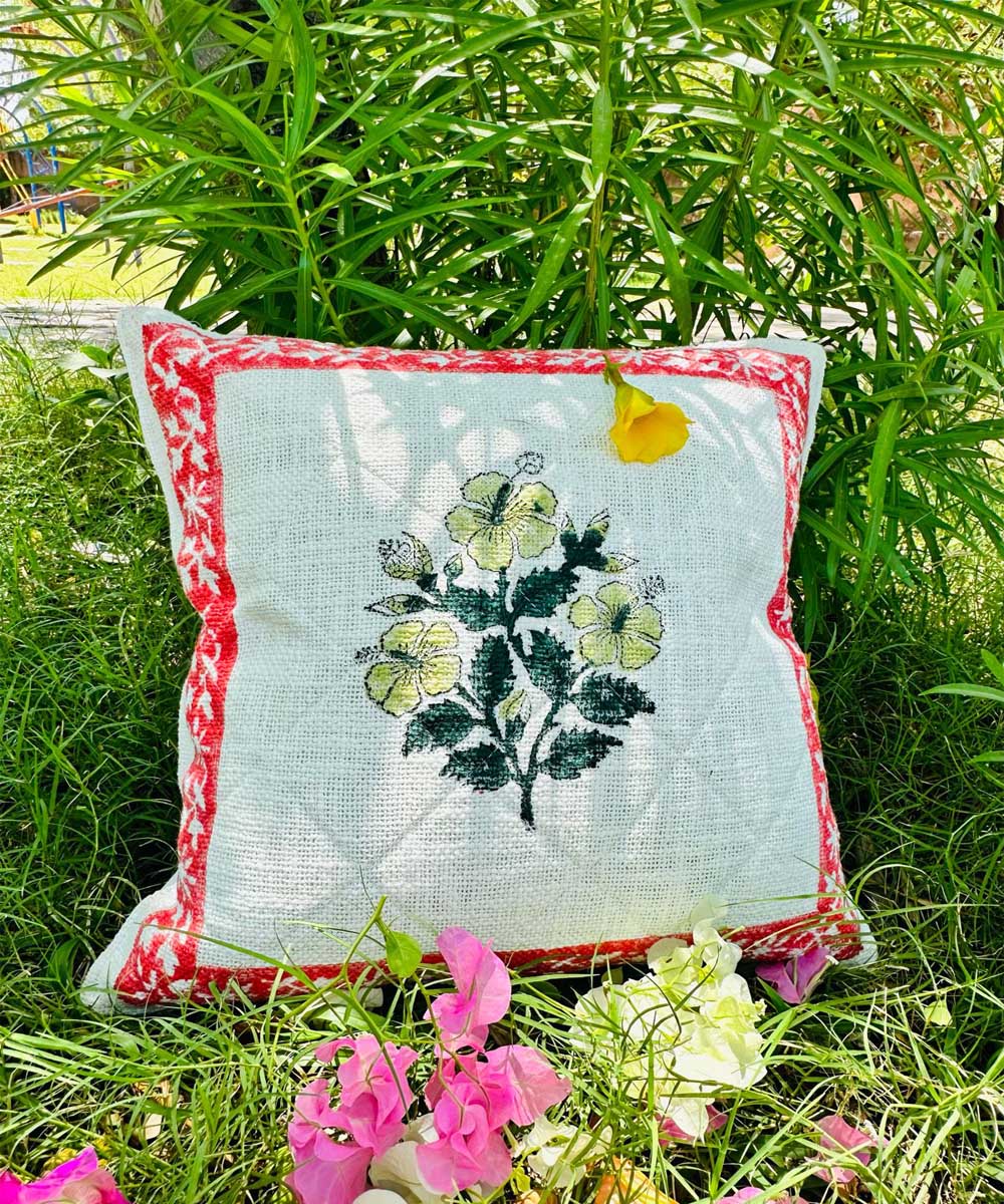 Red border hand block printed quilted foam cotton cushion cover