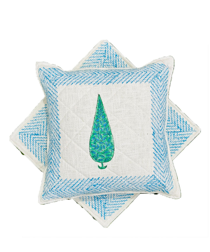 Sky blue white hand block printed quilted foam cotton cushion cover