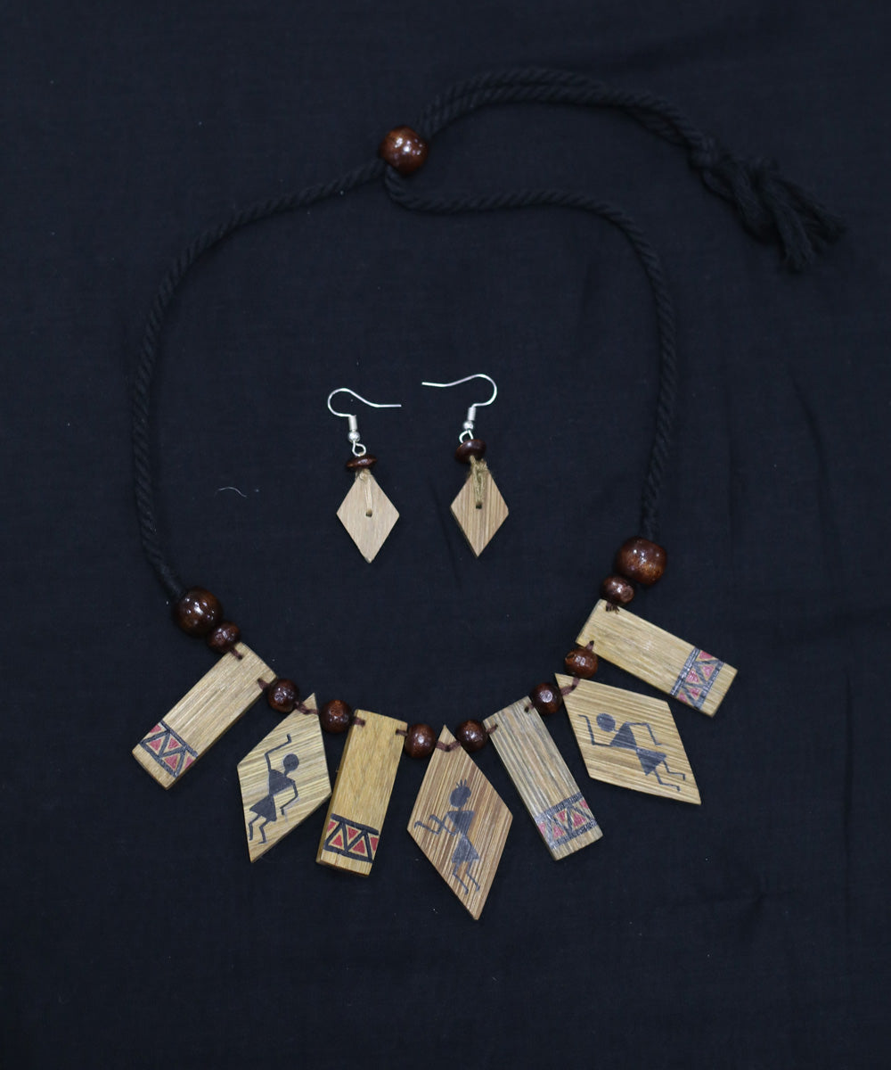 Brown bamboo hand printed warli necklace