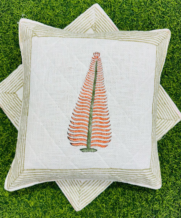 Yellow white hand block printed quilted foam cotton cushion cover