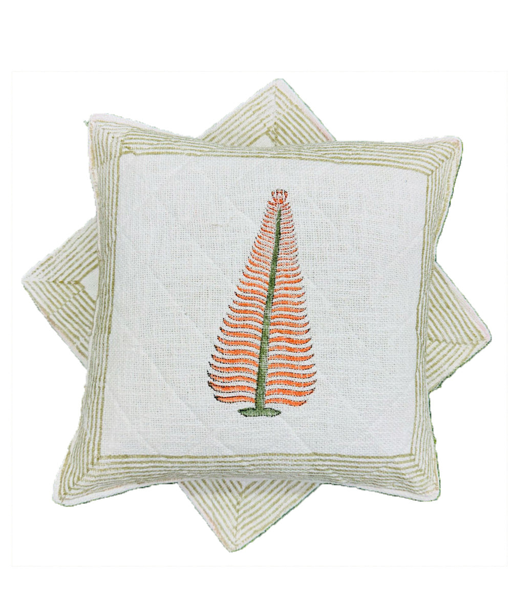 Yellow white hand block printed quilted foam cotton cushion cover