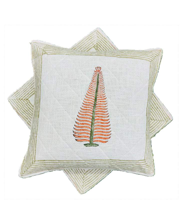 Yellow white hand block printed quilted foam cotton cushion cover