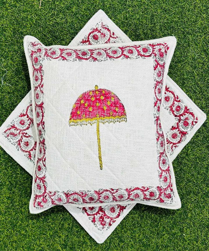 Red white hand block printed quilted foam cotton cushion cover